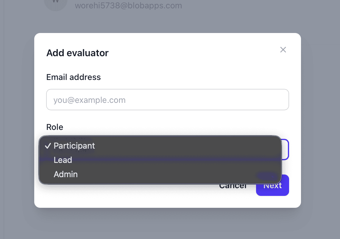 Add evaluator dialog with role selection